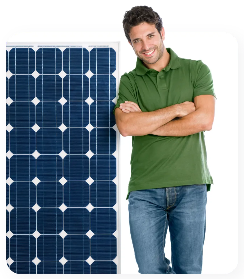 a man standing next to a solar panel