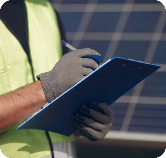 a person writing on a clipboard in front of solar panels