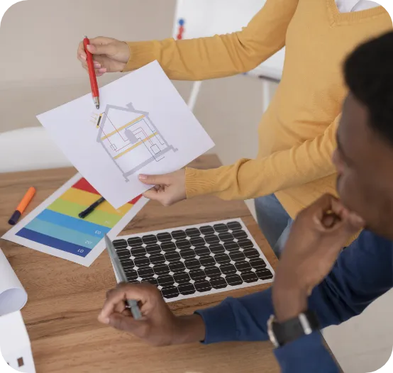 a man and woman holding a pen showing home with solar panels