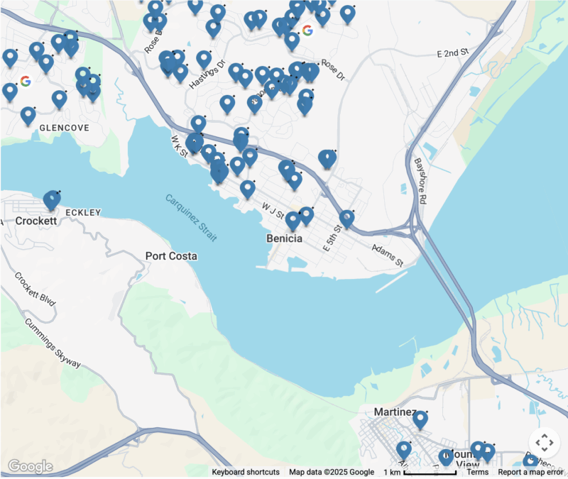 Map of solar installations in Benecia, California