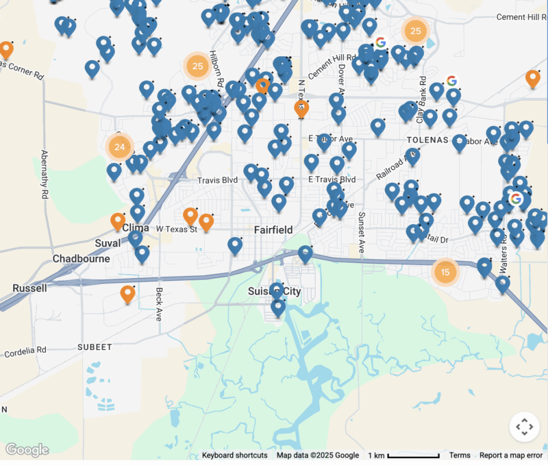 Map of solar installations in Fairfield, California