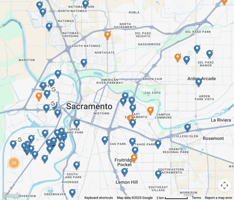 Map of solar installations by Ambrose Solar in Sacramento, California