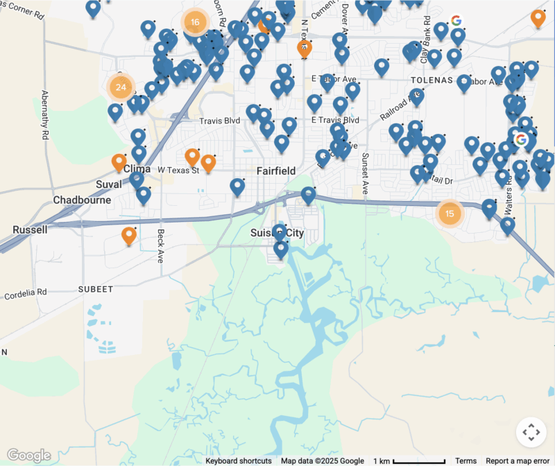 map of solar installations by Ambrose Solar in Suisun City, California
