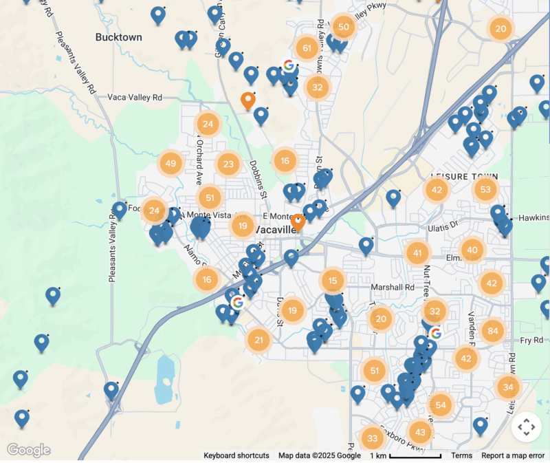 map of solar installations by Ambrose Solar in Vacaville, California