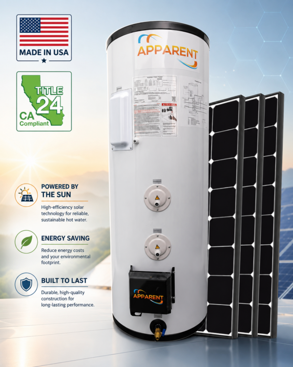 eXeL Solar Water Heater Installation in California Apparent eXeL hybrid solar water heater with solar panels, Made in USA badge, and California Title 24 compliant badge.