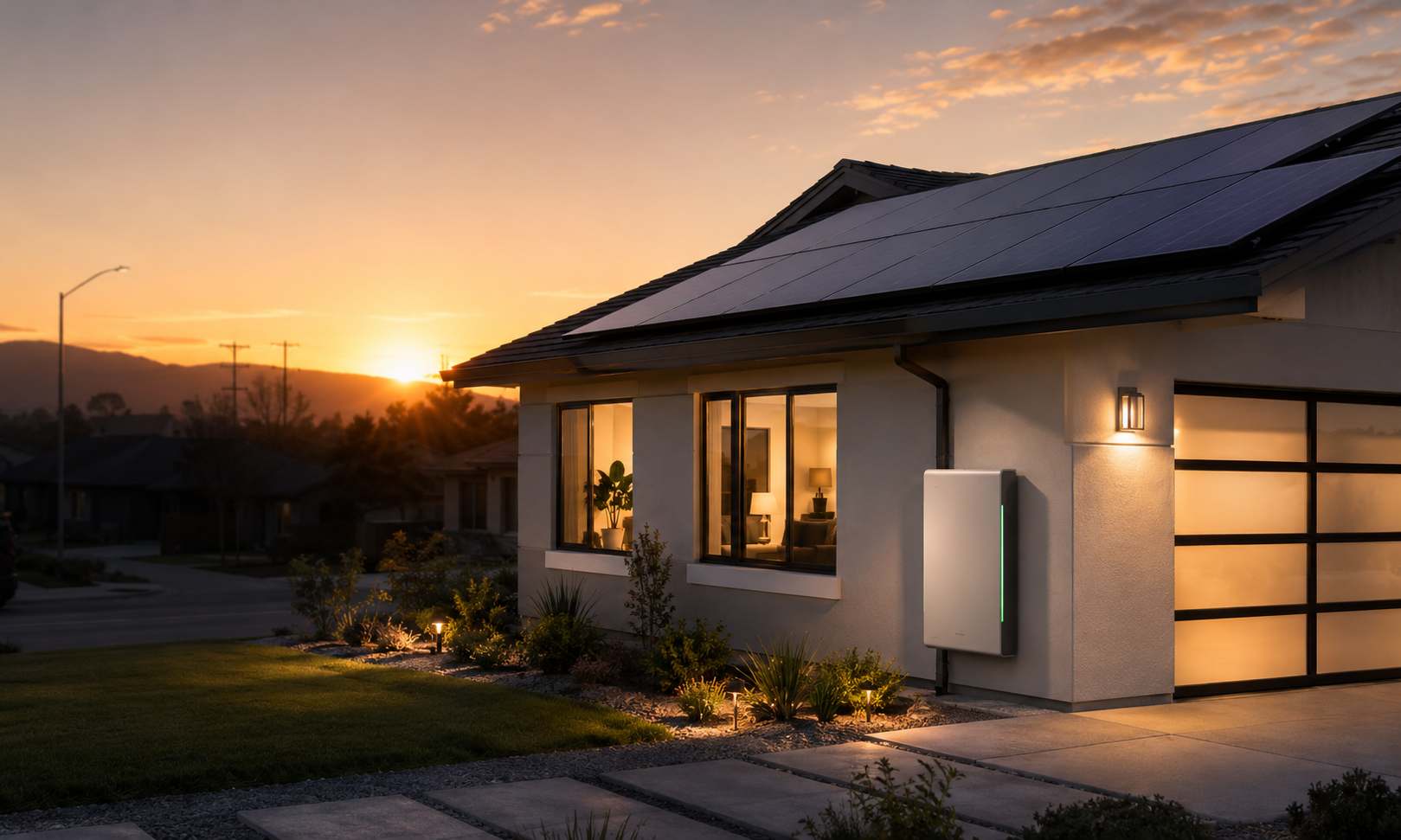Modern California home with rooftop solar panels and battery storage during a wildfire-related power risk event.